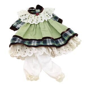 Vintage Green Plaid Doll Dress With Eyelet Lace & Bloomers For Collectors